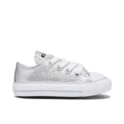 Converse Toddlers' Chuck Taylor All Star Metallic Leather OX Trainers - Pure Silver/White