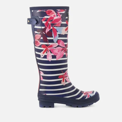 Joules Women's Welly Print Back Adjustable Tall Wellies - French Navy Chestnut Leaves Stripe