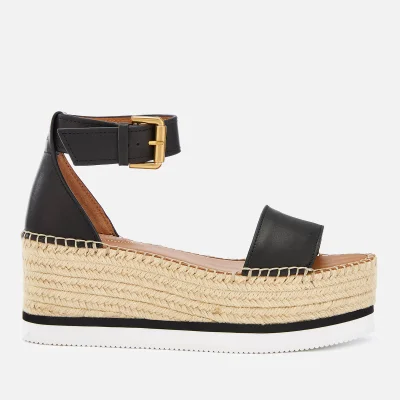 See By Chloé Women's Glyn Leather Espadrille Mid Wedge Sandals - Black