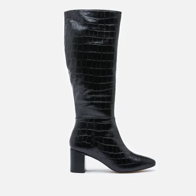 Dune Women's Saffia Croc Printed Leather Knee High Boots - Black