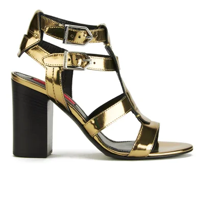 HUGO Women's Malena-M Buckle Strap Heeled Leather Sandals - Gold