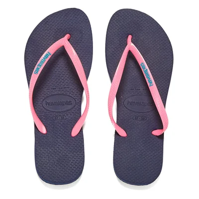 Havaianas Women's Slim Logo Flip Flops - Navy Blue/Pink