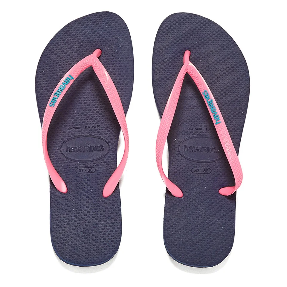 Havaianas Women's Slim Logo Flip Flops - Navy Blue/Pink Image 1