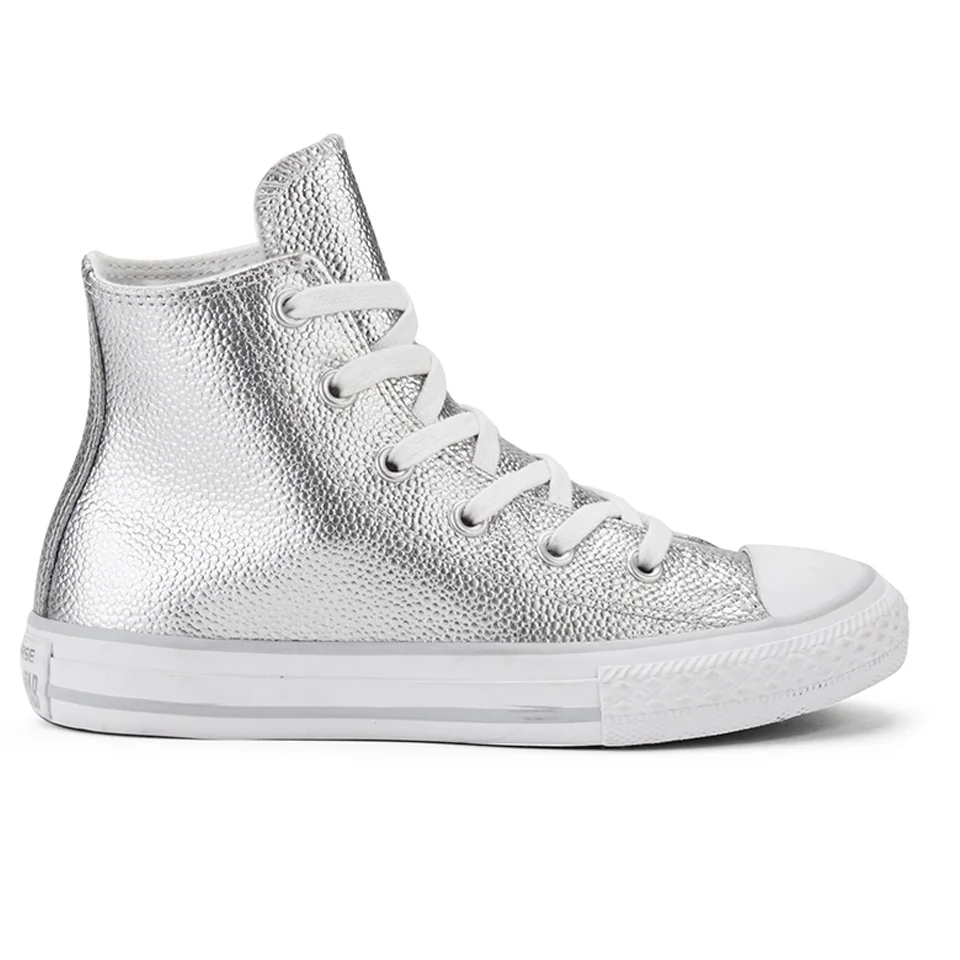 Converse Kids' Chuck Taylor All Star Metallic Leather Hi-Top Trainers - Pure Silver/White/White Image 1
