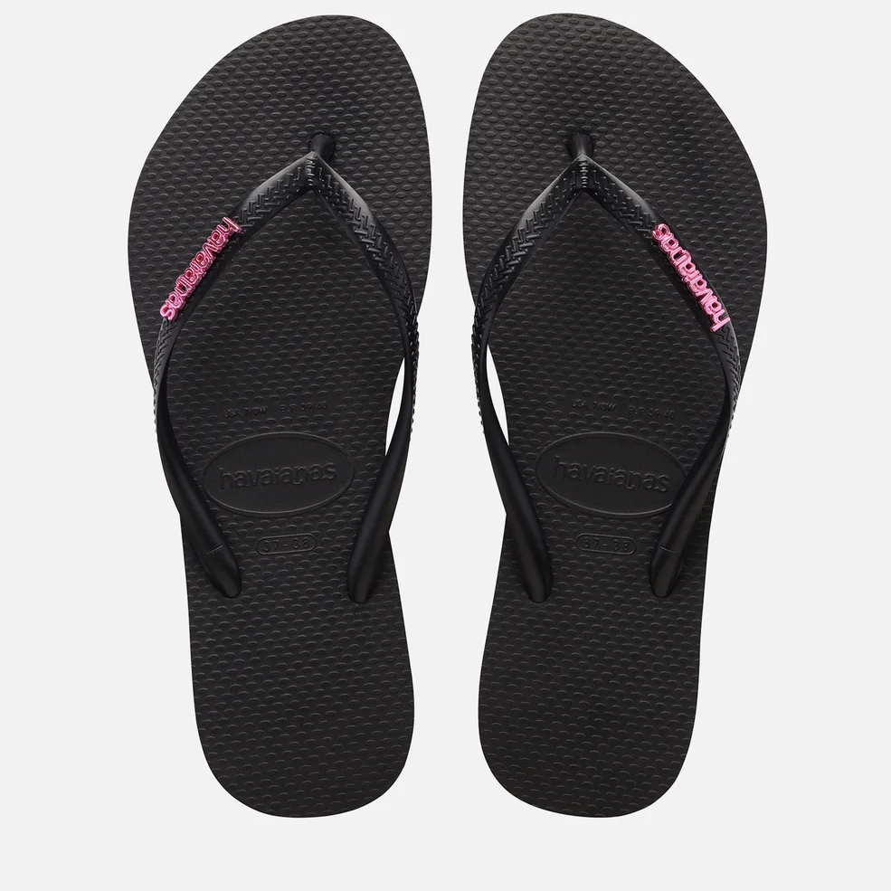 Havaianas Women's Slim Logo Metallic Flip Flops - Black/Pink Image 1